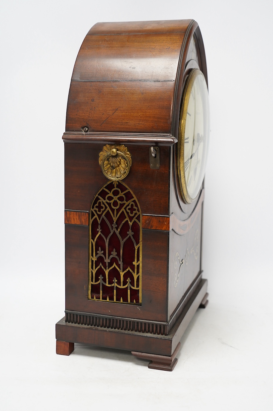 An early 19th century brass inlaid mahogany lancet shaped mantel clock by G. Willson of London, with pendulum and door-key, no winding key, 45cm. Condition - fair to good, not tested as working